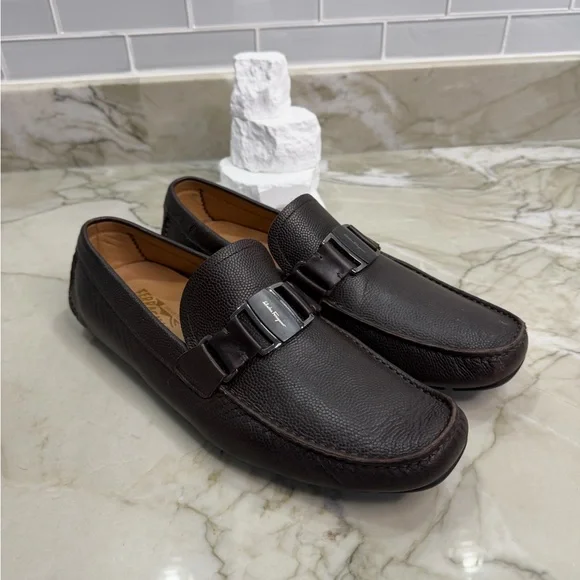 Men’s Salvatore Ferragamo Brown Leather Gancini Driver Loafers – Size 10 - Picture 3 of 9